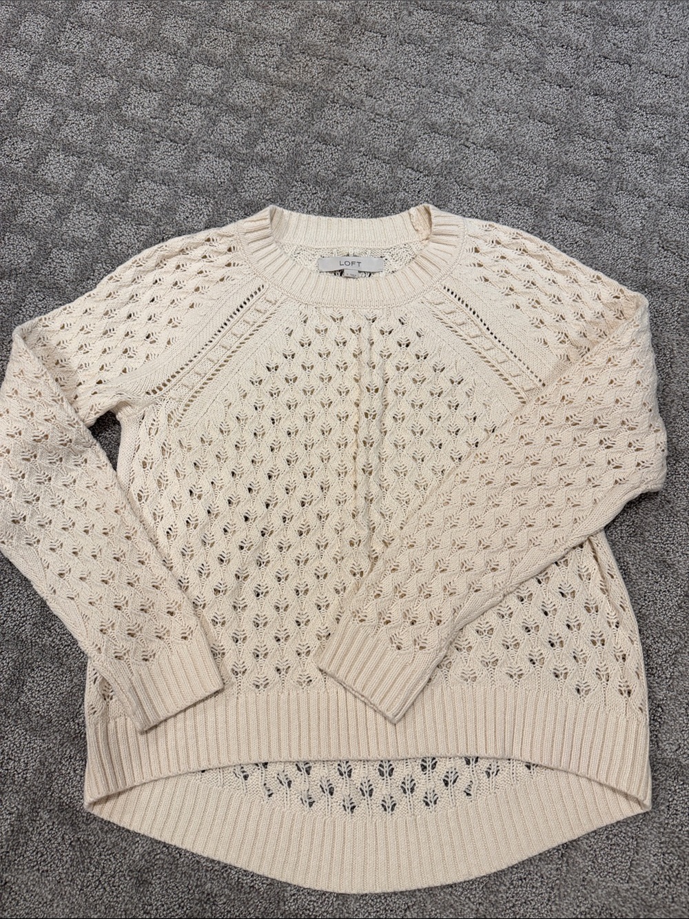 LOFT Cream Open-Knit Crewneck Sweater